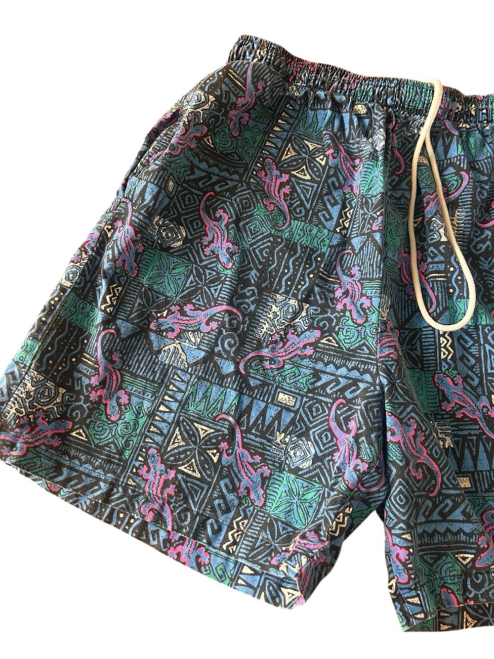 VTG 90'S BLACK BLUE ALOHA HAWAIIAN BAGGY SHORTS GRAPHIC TIKI GECKO PRINT Small - Picture 2 of 7